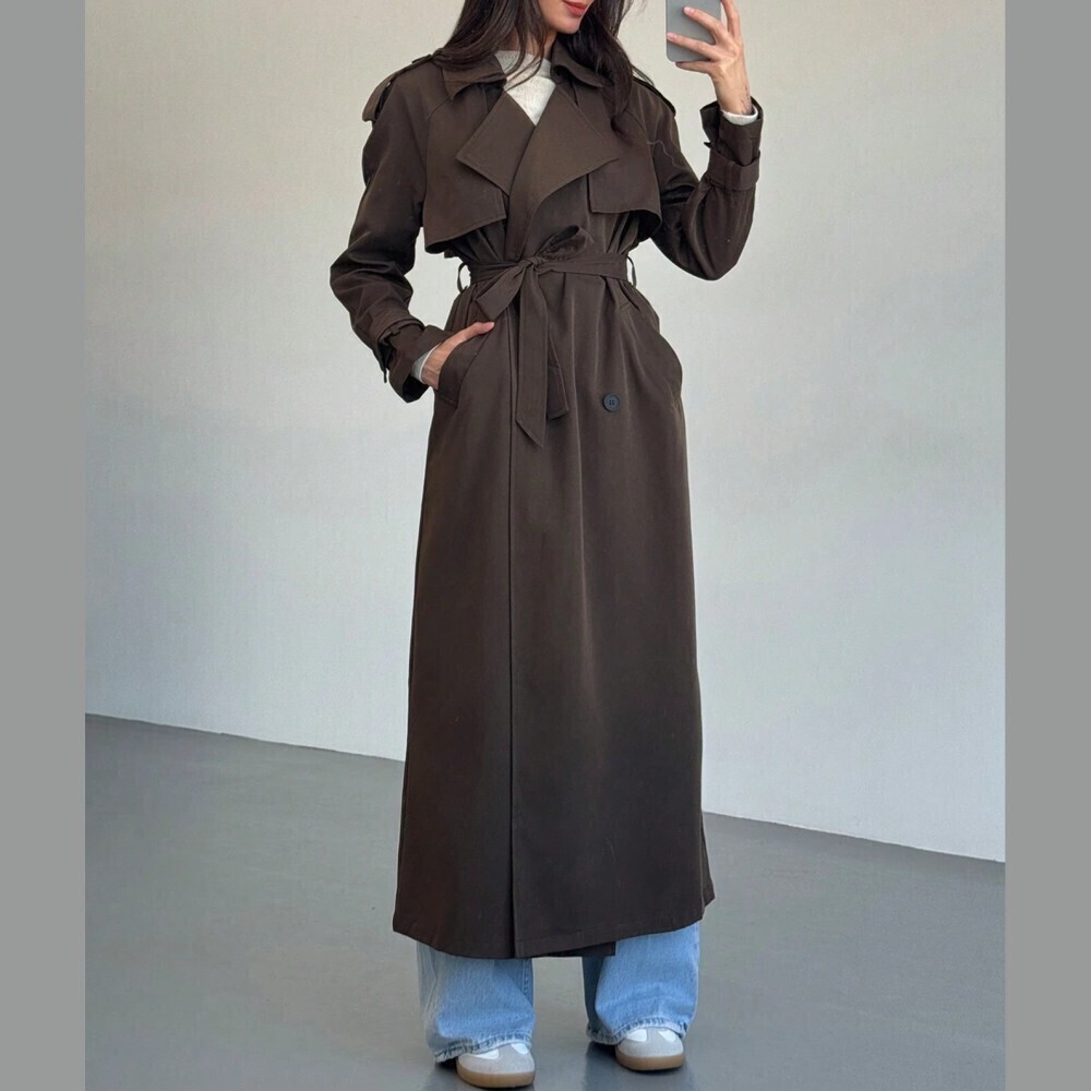 Dark Brown Woven Belted Trench Coat with Lapel Collar and Full Length